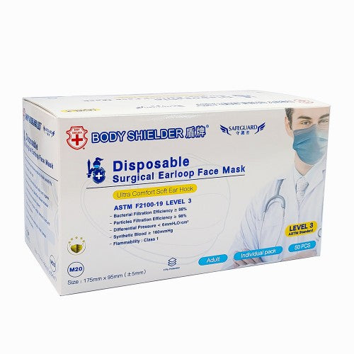 一盒即棄式醫用外科口罩與一疊藍色口罩的產品圖片